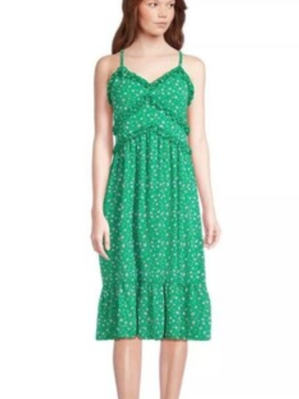 No Boundaries Jrs. Green Floral Ruffle Midi Dress With Sweetheart Neck